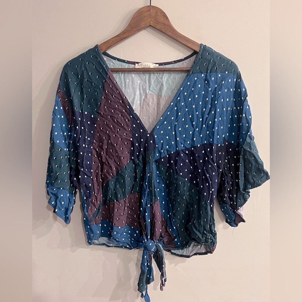 Lovestitch Blue and Purple Polka Dot Tie-Front Top